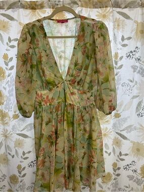 Flying Tomato Sheer Floral Mini Dress in Green and Pink